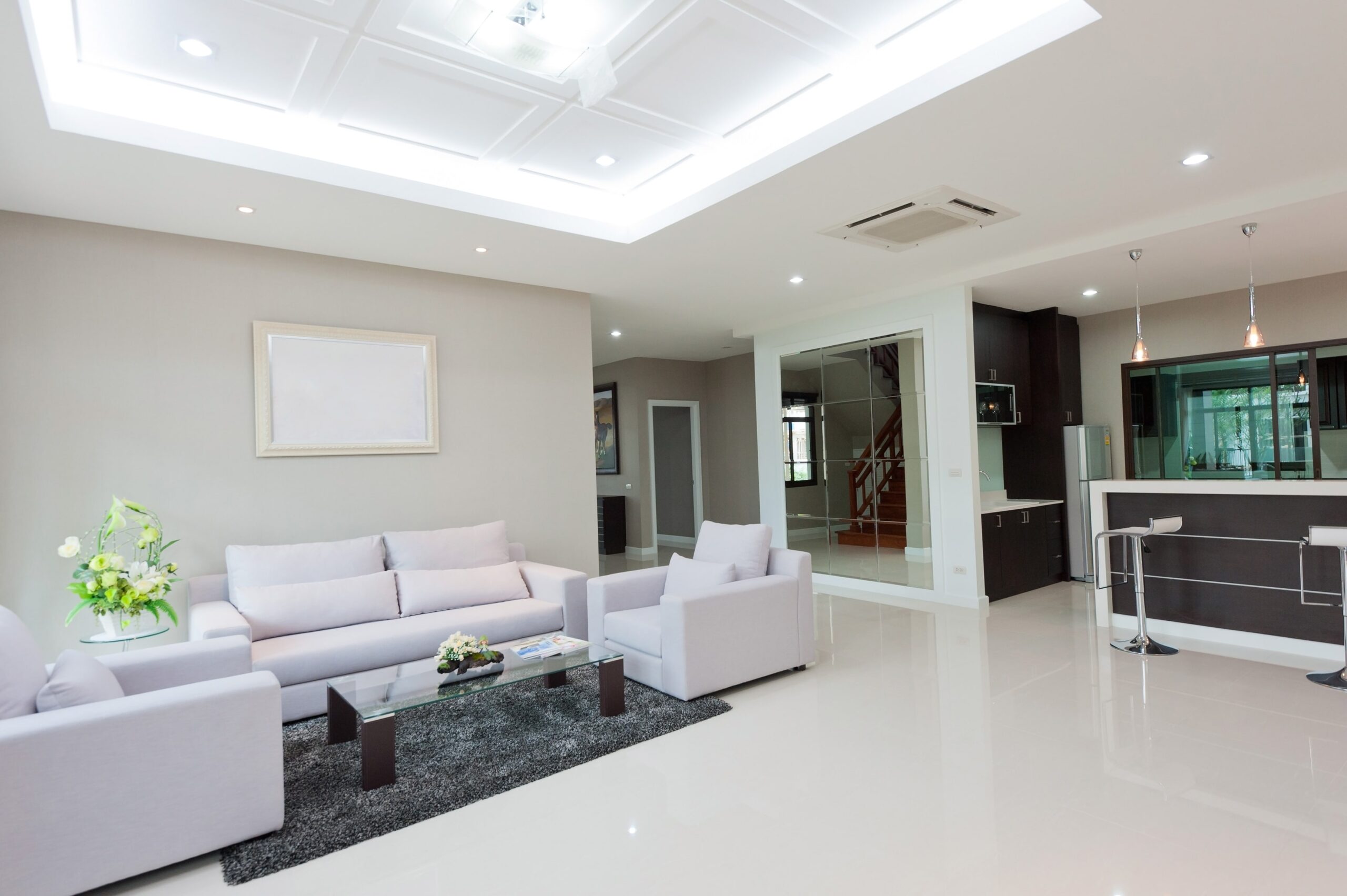 Ceiling cassette air conditioning in an open-plan living space